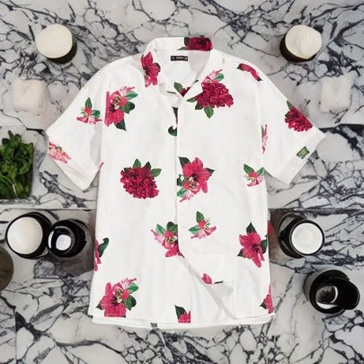 SHEIN Red Floral Print White Cotton Classy Vouge Blend Casual Shirt - Negative Apparel
