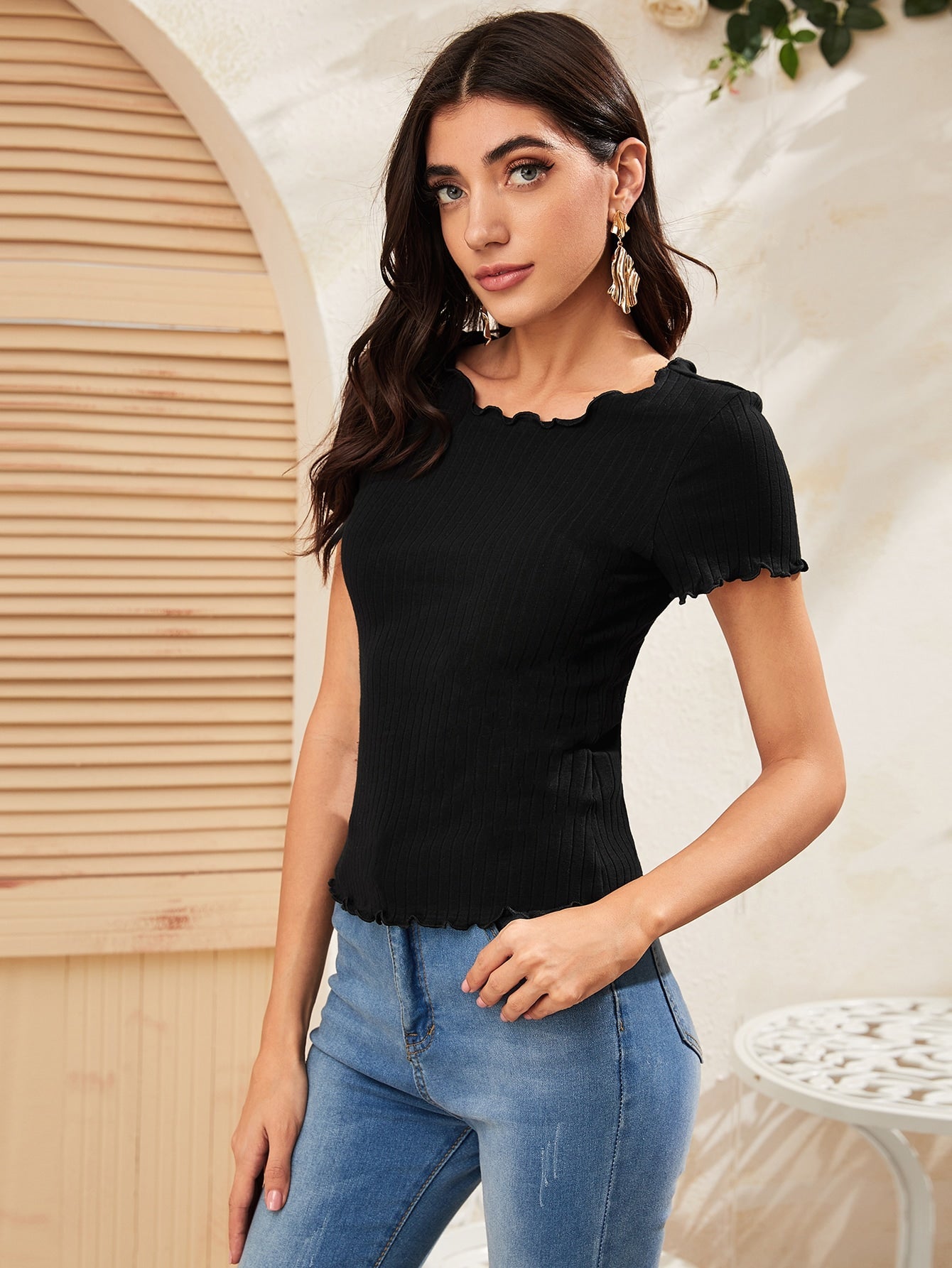 SHEIN Ribbed Lettuce-Edge Form-Fitting Top - Negative Apparel