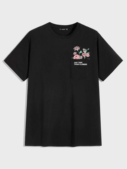SHEIN ROMWE Guys Flower Embroidery Tee - Negative Apparel
