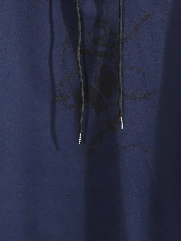 SHEIN Rose Print Drawstring Hooded Tank Top & Shorts - Negative Apparel