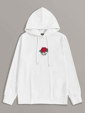 SHEIN Rose Print White Drawstring Hoody - Negative Apparel