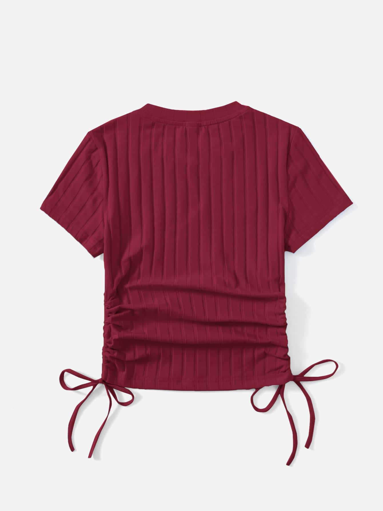 SHEIN Round Neck Short Sleeves Drawstring Ruched Side Rib-Knit Tee - Negative Apparel