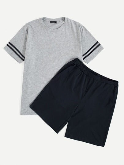 SHEIN Shoulder Striped Tee & Drawstring Shorts Set - Negative Apparel