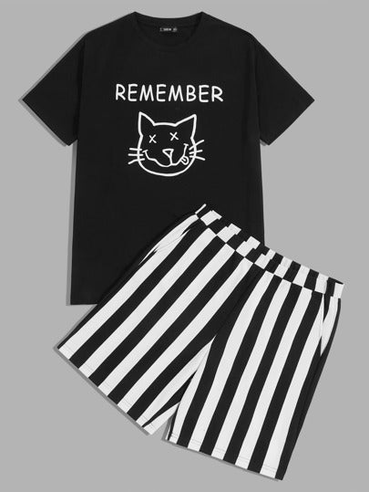 SHEIN Slogan & Caroon Printed Tee & Short Set - Negative Apparel