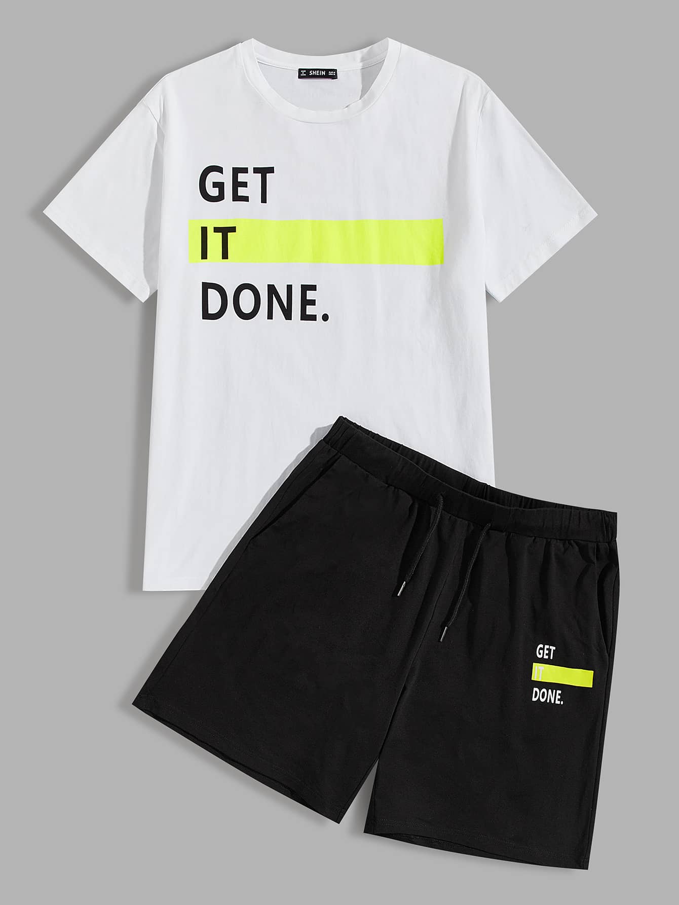 SHEIN Slogan Graphic Neon Panel Tee and Track Shorts Set - Negative Apparel