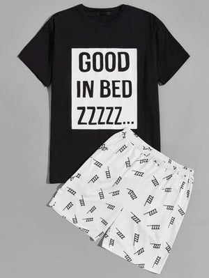 SHEIN Slogan Print Cotton Tee & Short Set - Negative Apparel