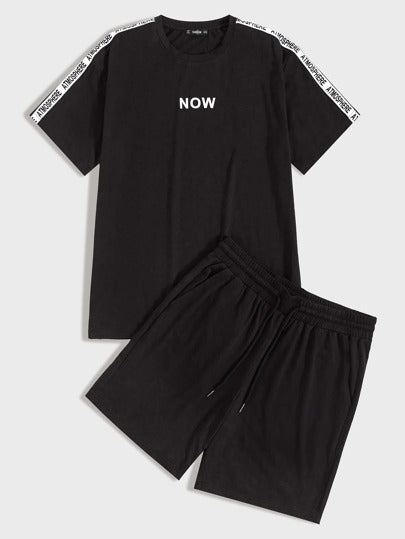 SHEIN Slogan Print Striped Shoulder Tee & Drawstring Set - Negative Apparel