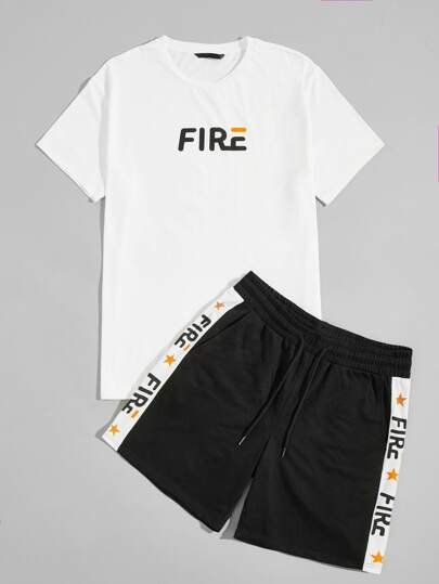 SHEIN Slogan Print Tee & Drawstring Short Set - Negative Apparel