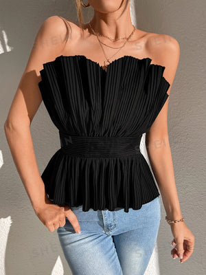 SHEIN Solid Pleated Tube Top - Negative Apparel