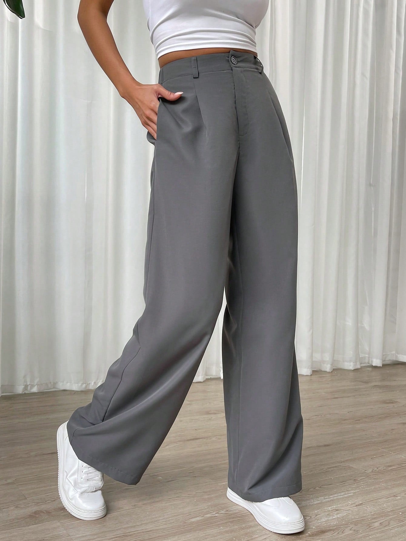 SHEIN Privé Plus High Waist Dual Pocket Wide Leg Pants