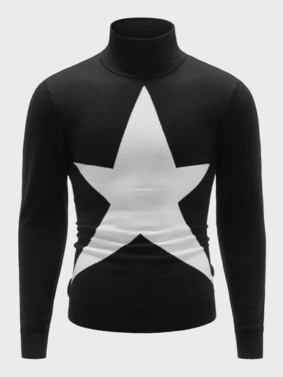 SHEIN Star Print Basics Men Solid Turtleneck Sweater - Negative Apparel