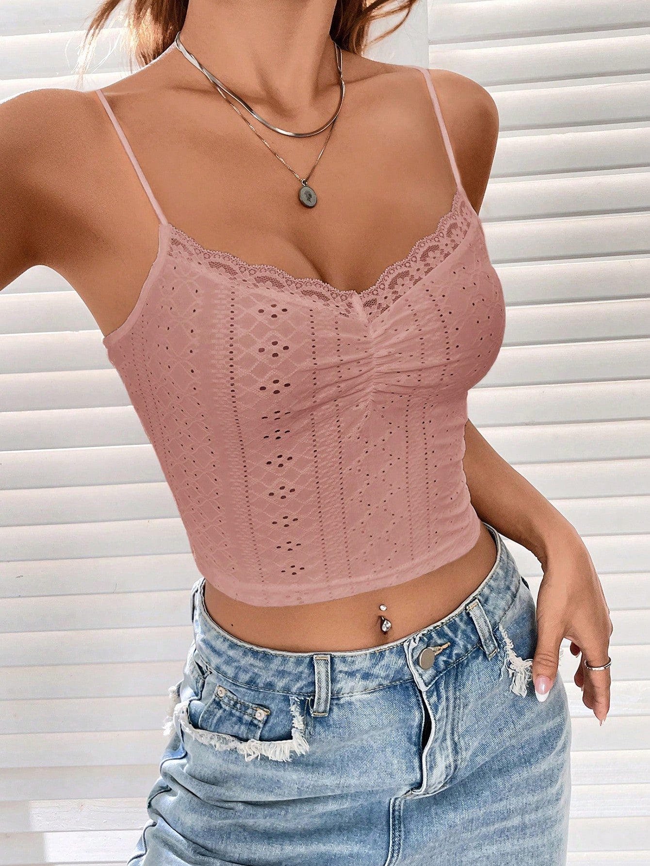 SheIn Women's Lace Casual Camisole Cami Crop Tank Tops Lingerie Bustier  Spaghetti Strap Crop Top