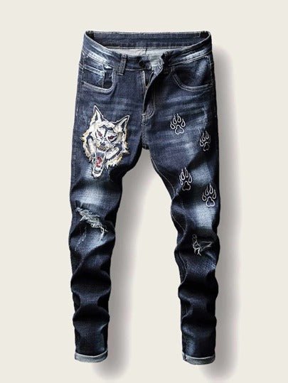 SHEIN Tiger Embroidery Slim Motorcycle Biker Denim Pants - Negative Apparel