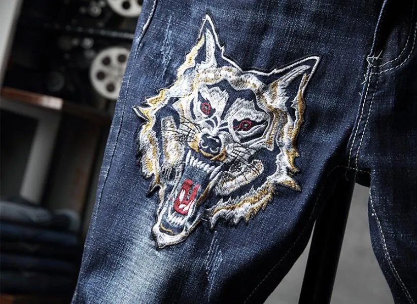 SHEIN Tiger Embroidery Slim Motorcycle Biker Denim Pants - Negative Apparel