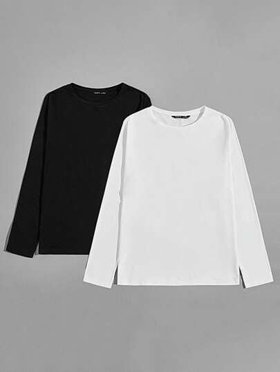 SHEIN White & Black Pair Solid Full Sleeve Tee - Negative Apparel