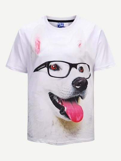 SHEIN White Dog Tongue Out 3D Printed Round-collar Short Sleeve Summer Casual Tee - Negative Apparel