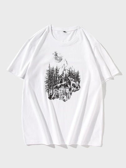 SHEIN White Forest Graphic Printed Drop Shoulder Tee - Negative Apparel