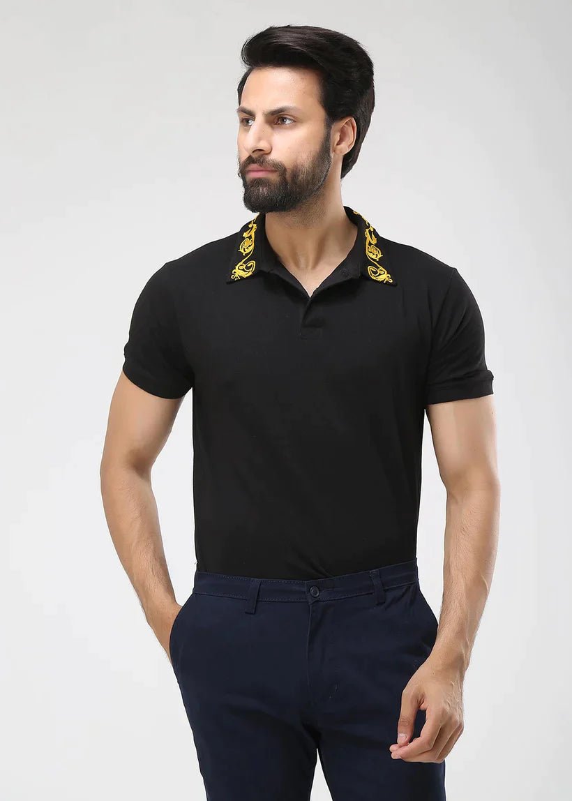 SHEIN Yellow Collar Pattern Polo Shirts - Negative Apparel