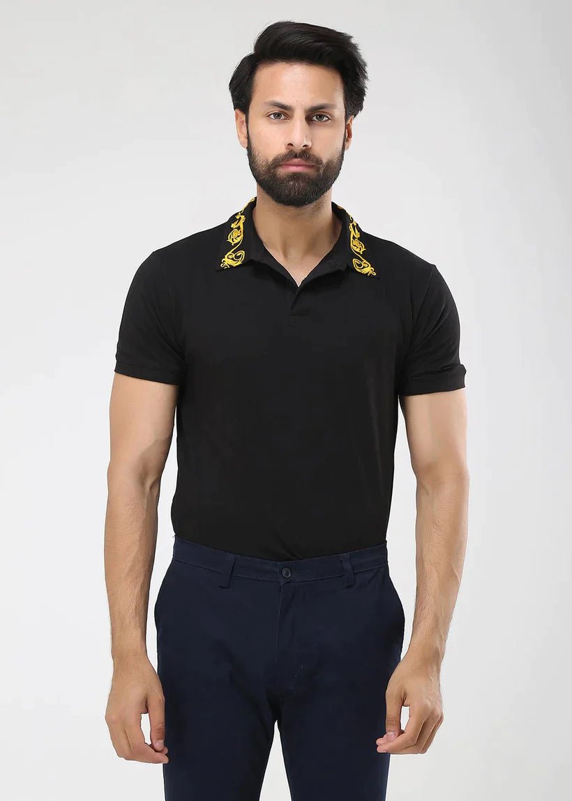 SHEIN Yellow Collar Pattern Polo Shirts - Negative Apparel