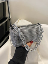 Shiny Mini Studded Decor Chain Bucket Bag Allover Rhinestone Zipper Handbag - Negative Apparel