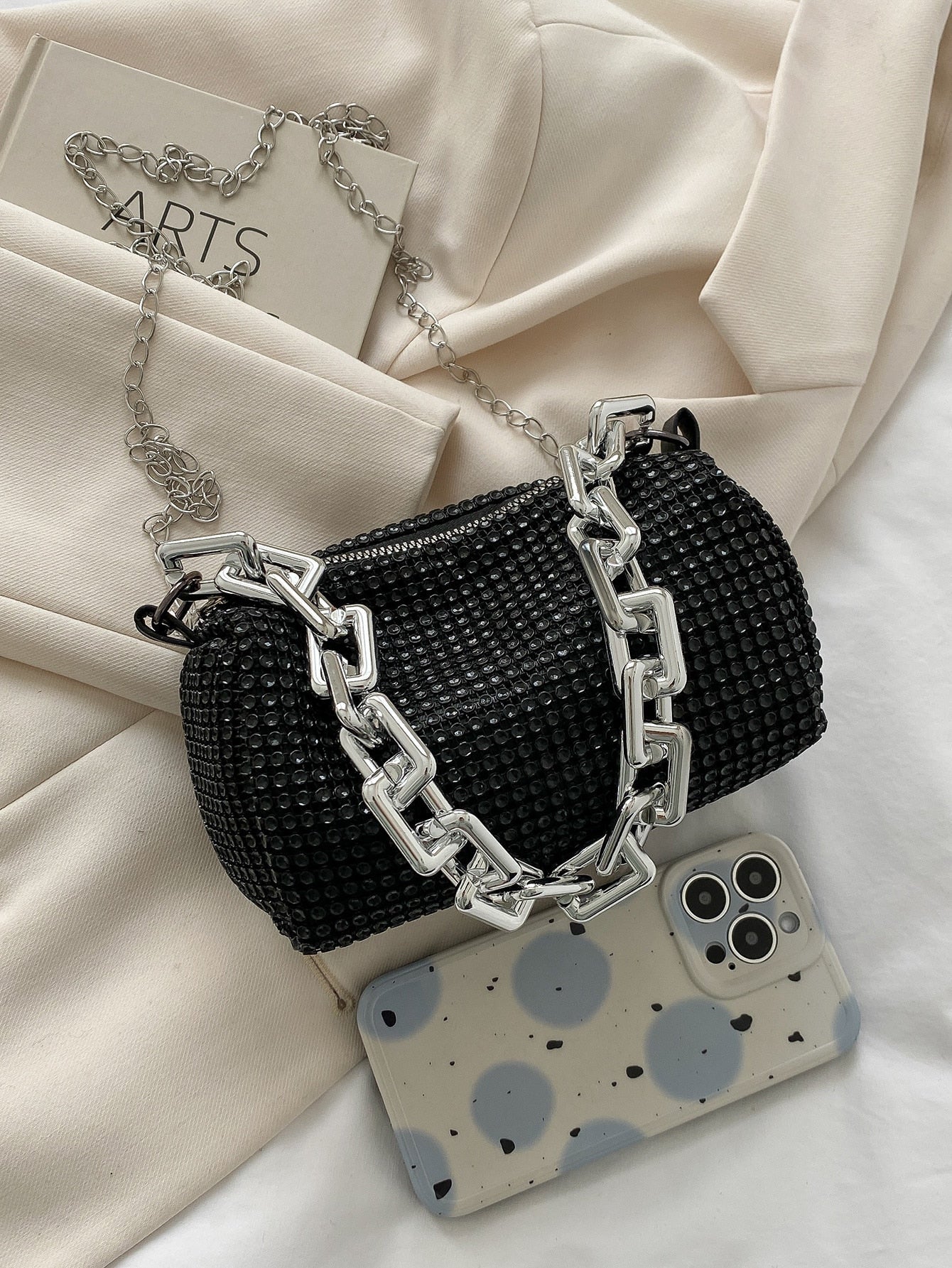 Shiny Mini Studded Decor Chain Bucket Bag Allover Rhinestone Zipper Handbag - Negative Apparel