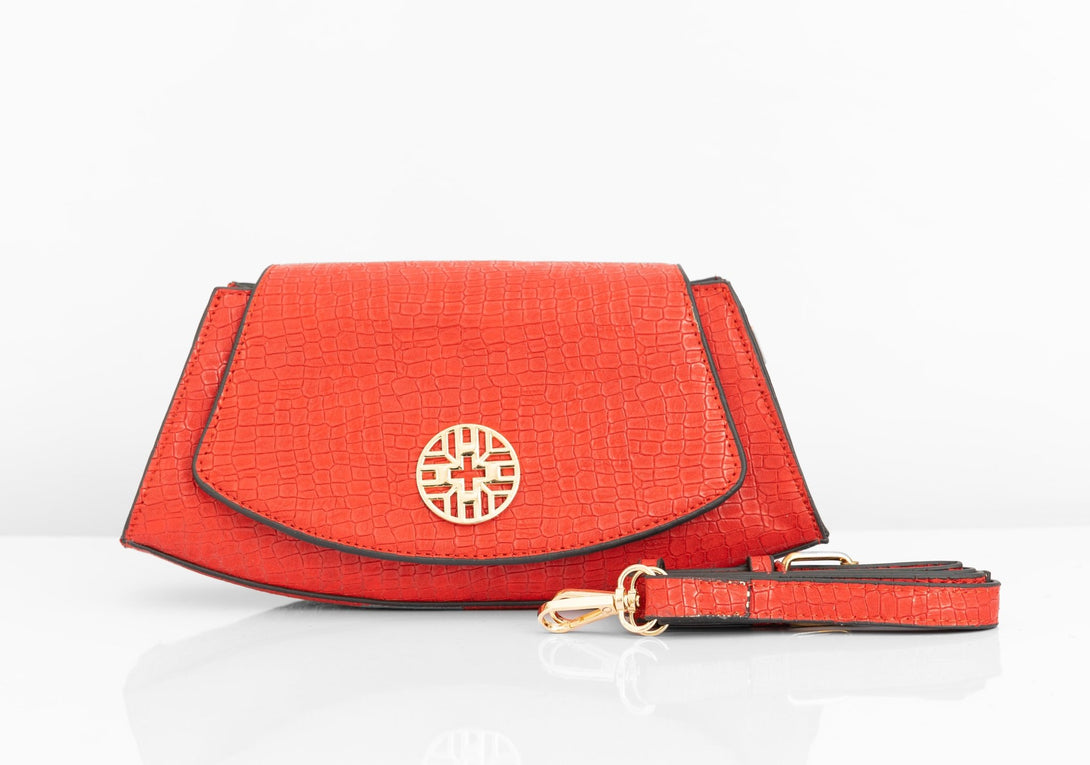 Negative Apparel Snakeskin Pattern Flap Baguette Bag FD - Red