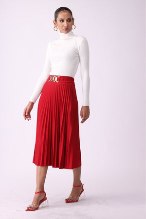 Solid High Waist Chain Pleated Skirt - Negative Apparel