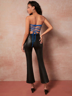 Solid Lace Up Back Crop Tube Top - Negative Apparel