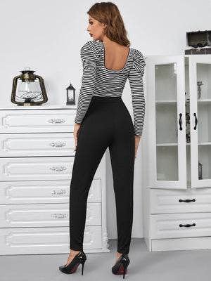 Striped Square Neck Gigot Sleeve Top & Pants Without Belt - Negative Apparel