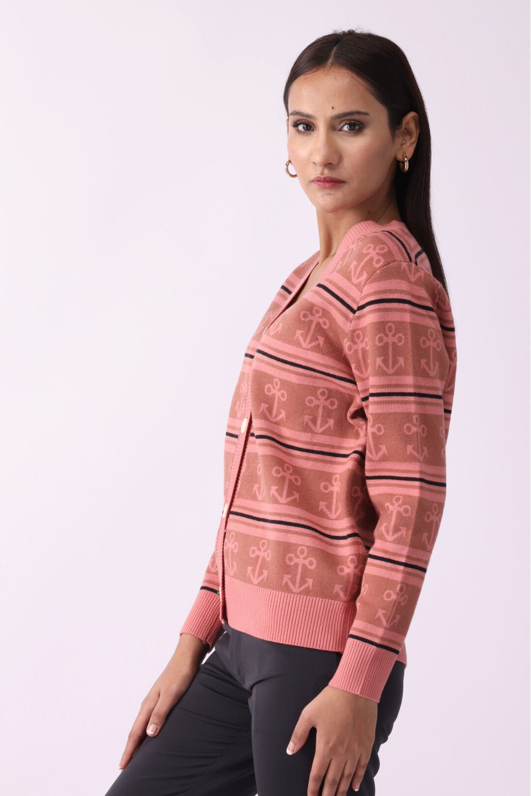V Neck Anchor Pattern Buttoned Sweater - Negative Apparel