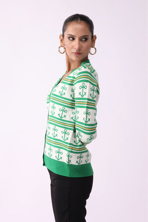 V Neck Anchor Pattern Buttoned Sweater - Negative Apparel