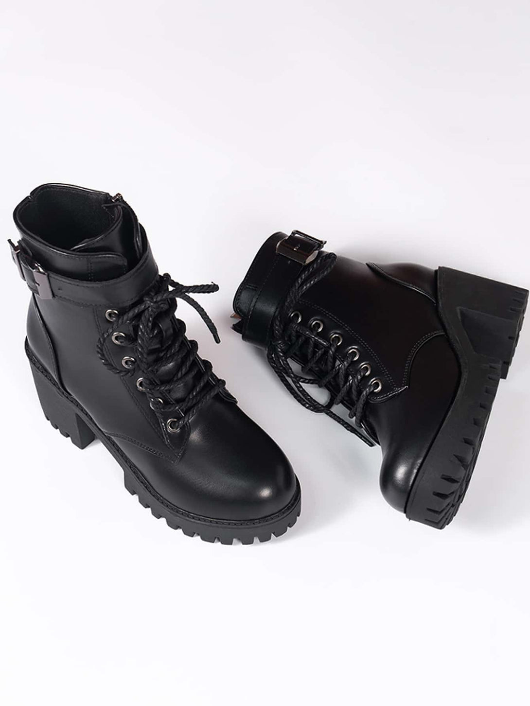 Women Buckle Decor Lace-Up Front Zipper Side Platform Combat Boots, Punk Outdoor Boots - Negative Apparel