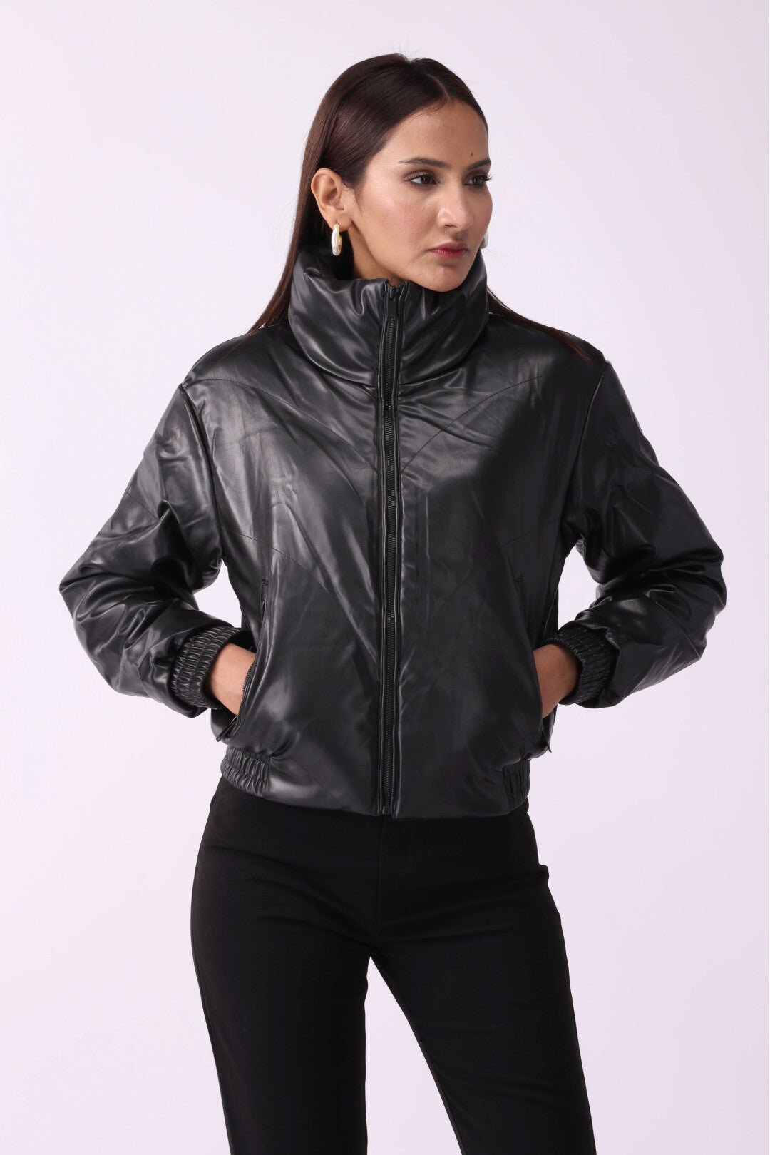 Women Faux PU Leather Puffer Jacket - Negative Apparel