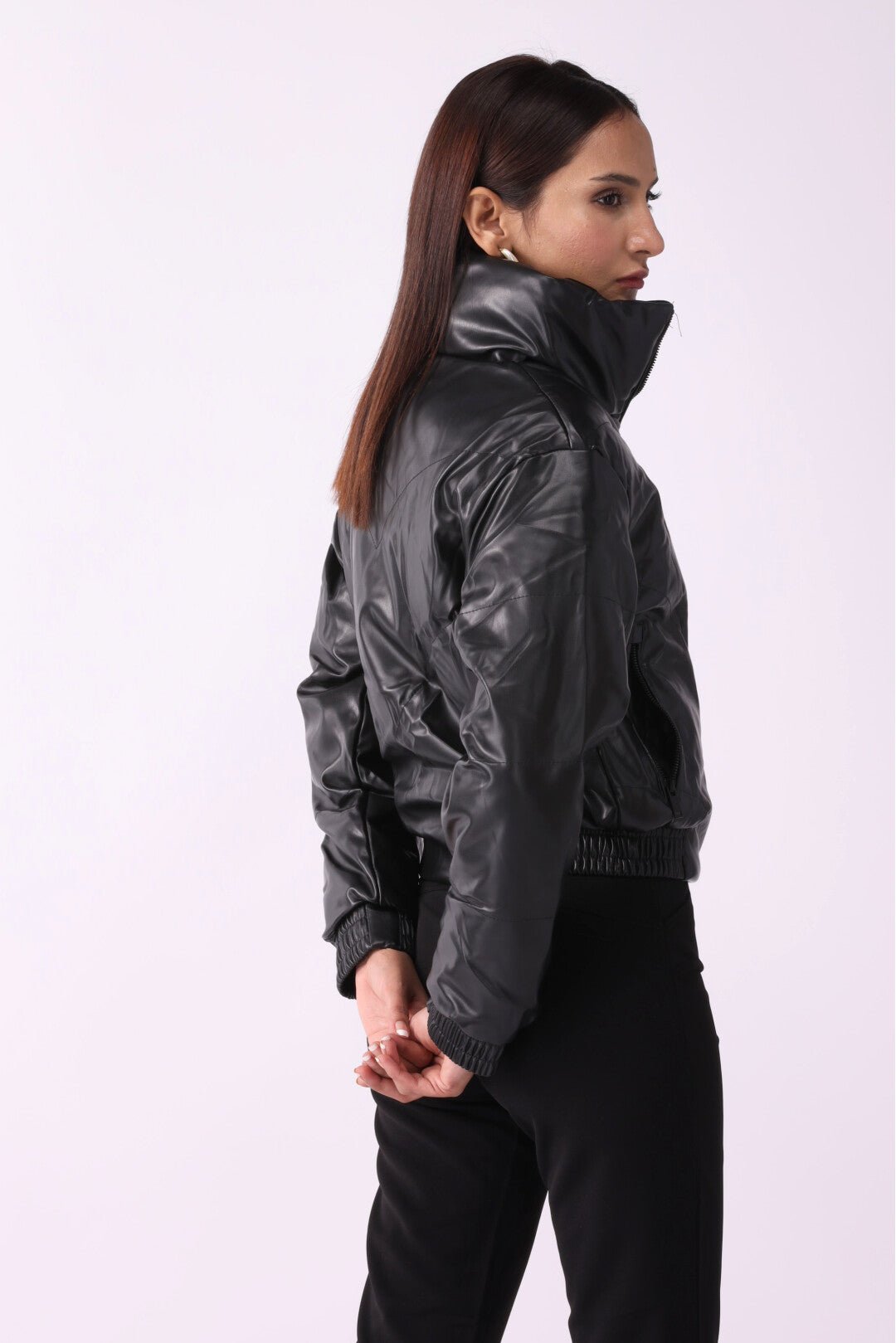 Women Faux PU Leather Puffer Jacket - Negative Apparel