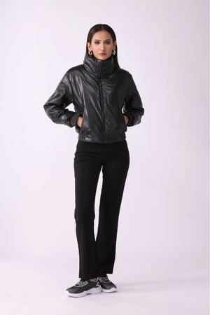 Women Faux PU Leather Puffer Jacket - Negative Apparel