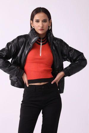 Women Faux PU Leather Puffer Jacket - Negative Apparel