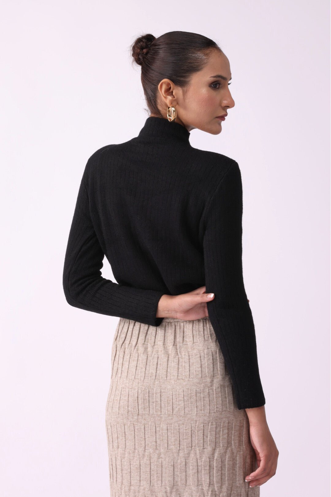 Women Solid High Neck Black Sweater - Negative Apparel