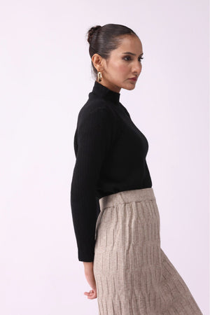 Women Solid High Neck Black Sweater - Negative Apparel