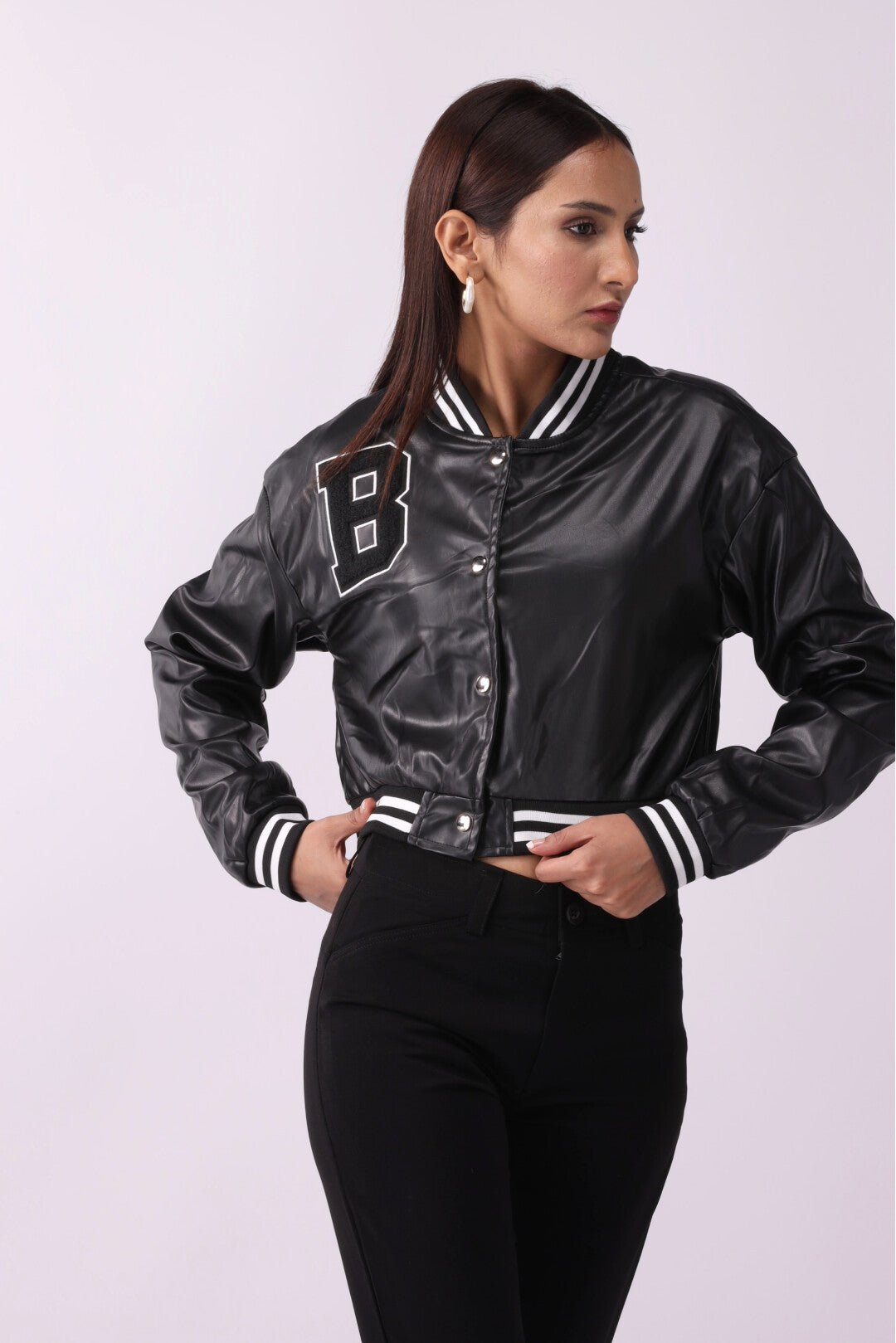 Women's Baseball High Waist Leather Jacket - Negative Apparel