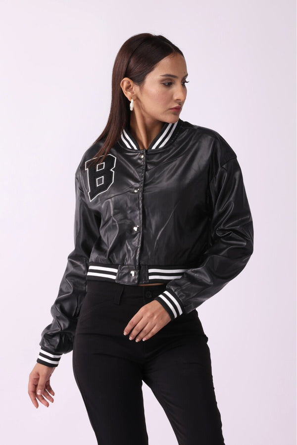 Women's Baseball High Waist Leather Jacket - Negative Apparel