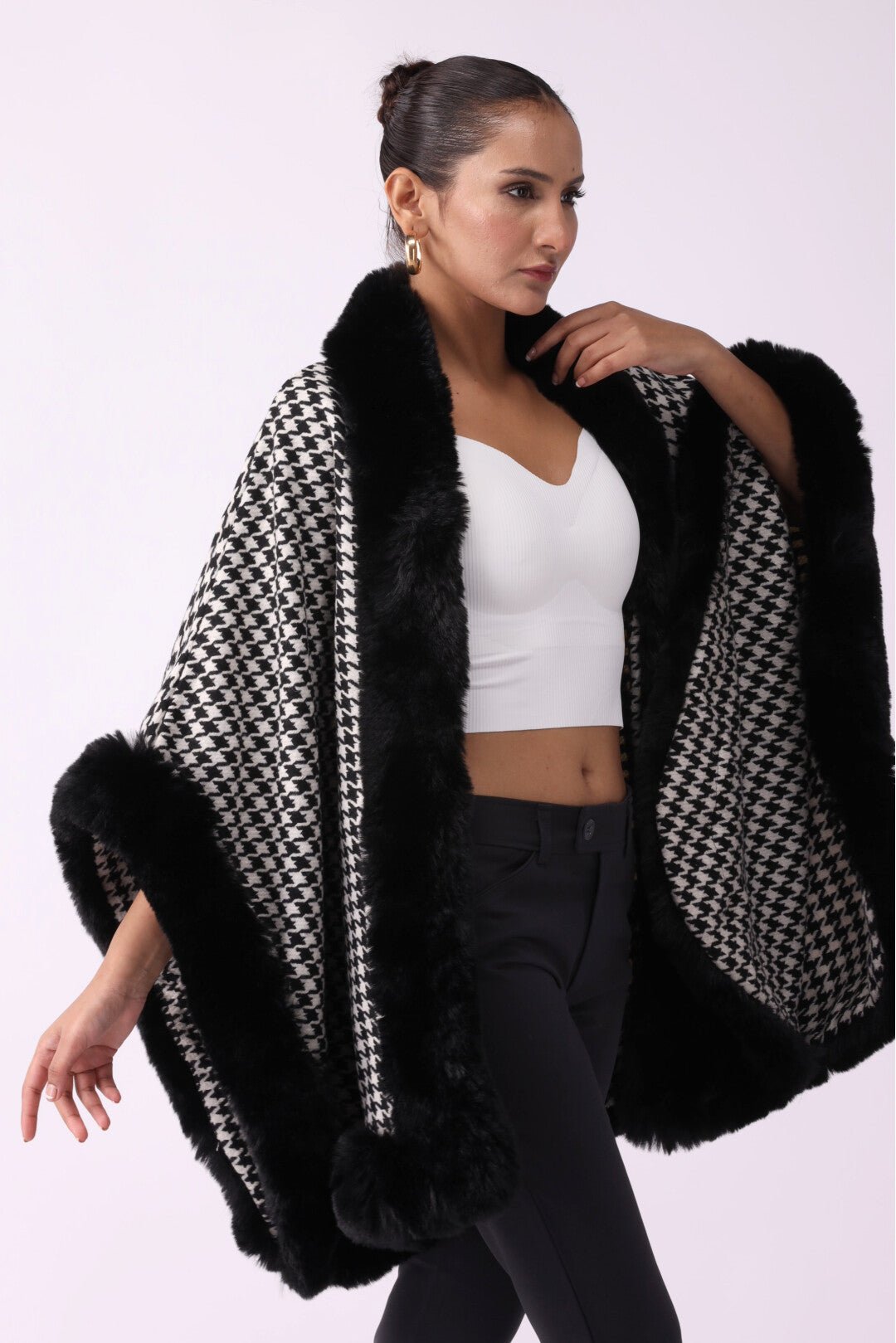 Wool Cape Faux Fur Collar Bird Shaped Shawl - Negative Apparel
